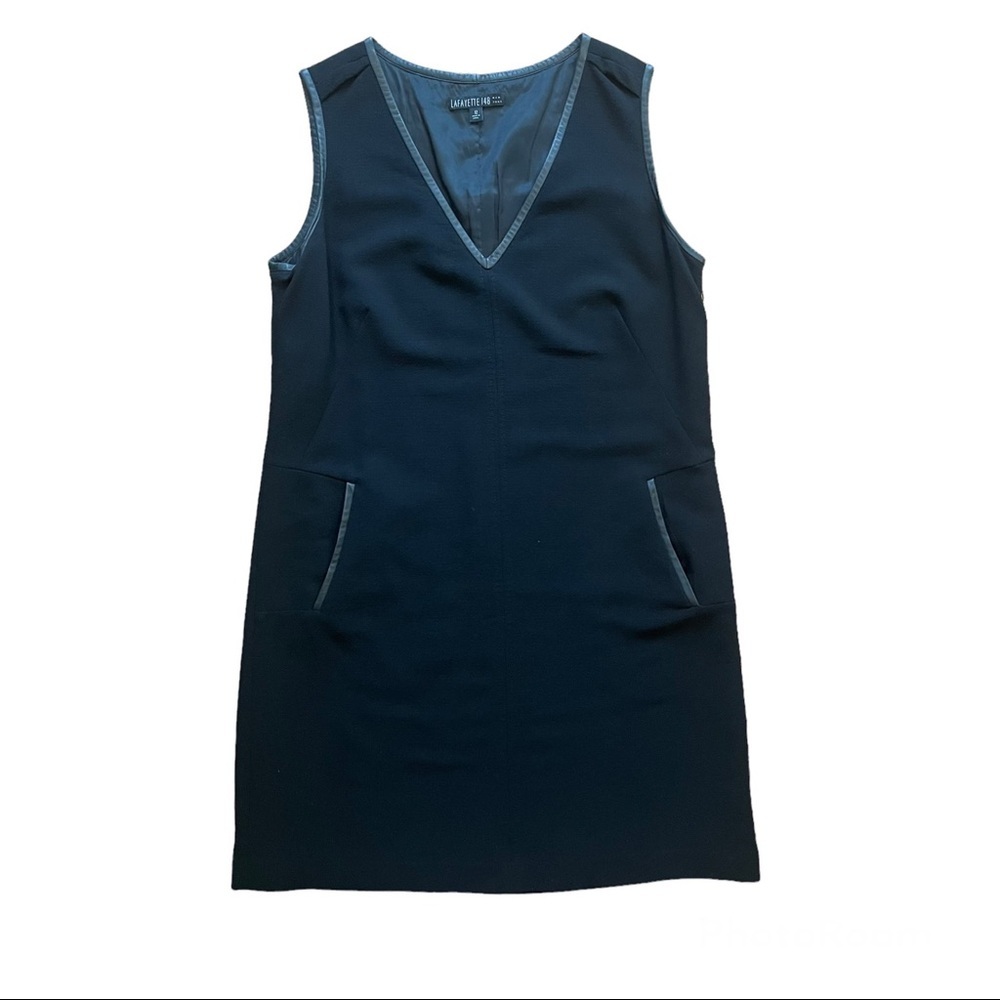 Lafayette 148 NY black wool leather trim sleeveless dress size 12